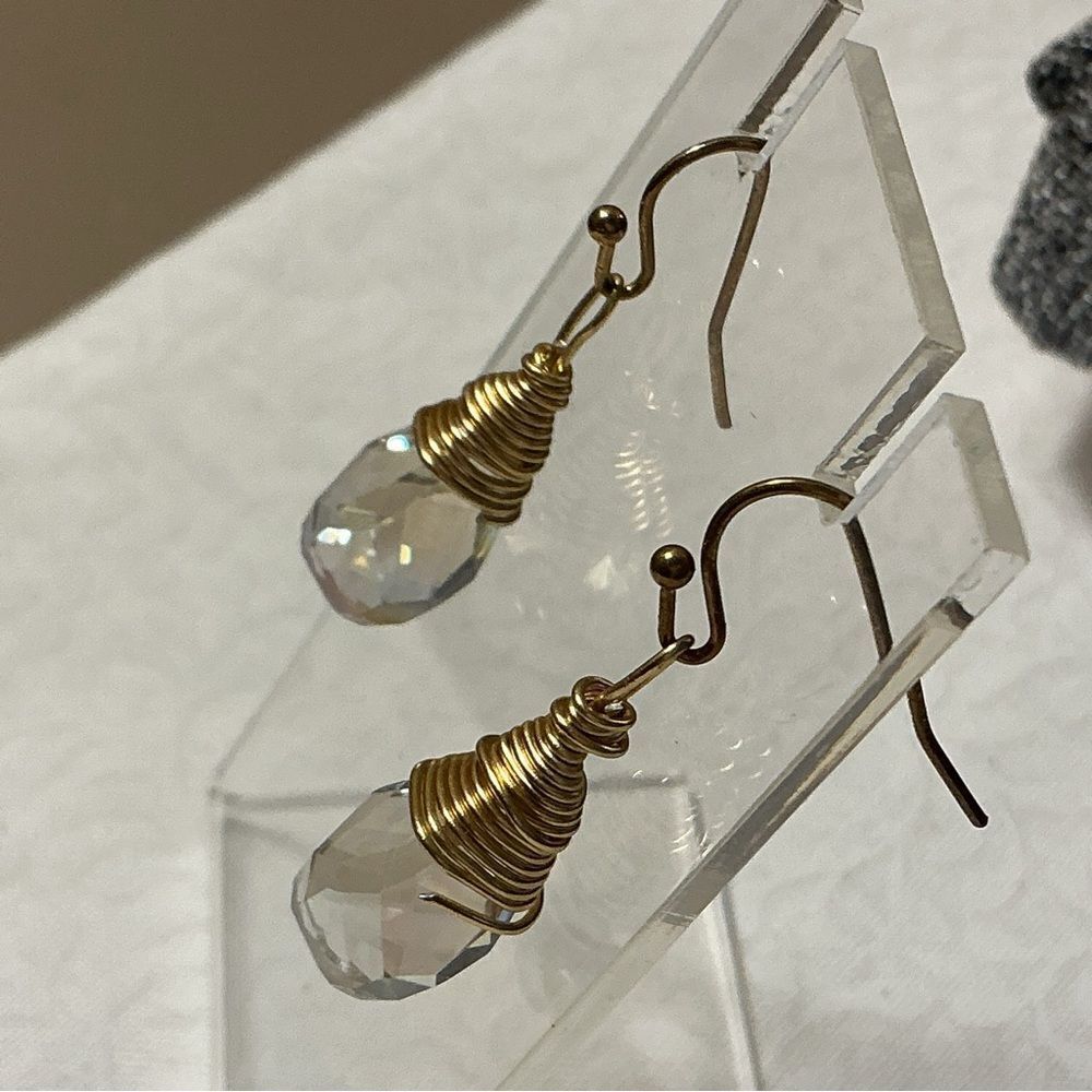 Goldtone Wire Wrapped Clear Briolet Crystal  Earrings